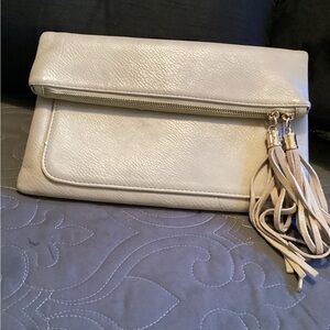 Mode Luxe ladies beige clutch leather purse with tassels